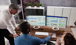 financial consultant looking at stats